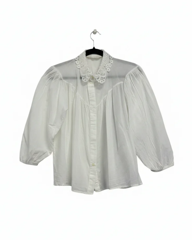 NEVER MORE White Lace Collar Puff Sleeve Blouse
