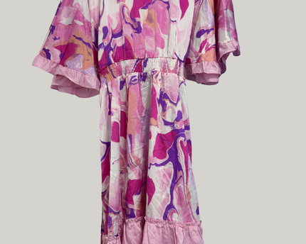 ANANY Pink Multi Marble Print V-Neck Ruffle Mini Dress