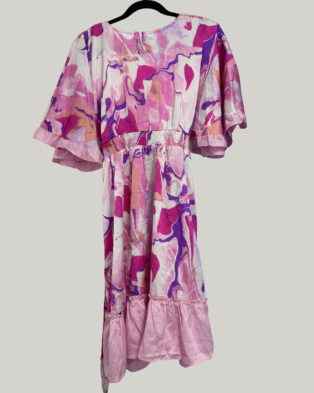 ANANY Pink Multi Marble Print V-Neck Ruffle Mini Dress