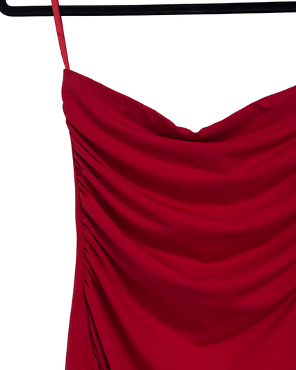 Le Chateau Red Ruched Asymmetrical Cowl Neck Party Dress