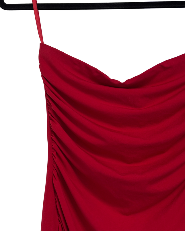 Le Chateau Red Ruched Asymmetrical Cowl Neck Party Dress