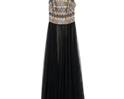 Mikael Aghal Black Beaded Tulle Evening Gown