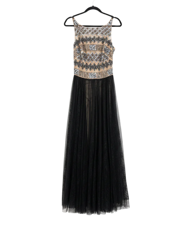 Mikael Aghal Black Beaded Tulle Evening Gown