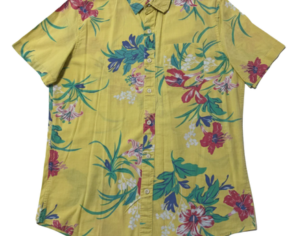 American Eagle Yellow Tropical Floral Short Sleeve Button Down Shirt