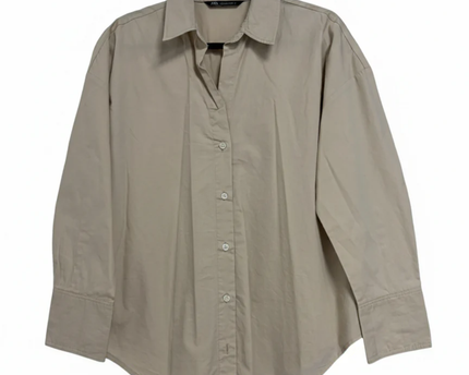Zara Beige Oversized Button-Down Cotton Shirt