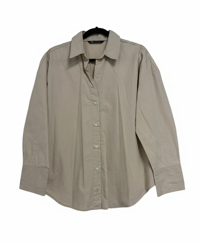Zara Beige Oversized Button-Down Cotton Shirt