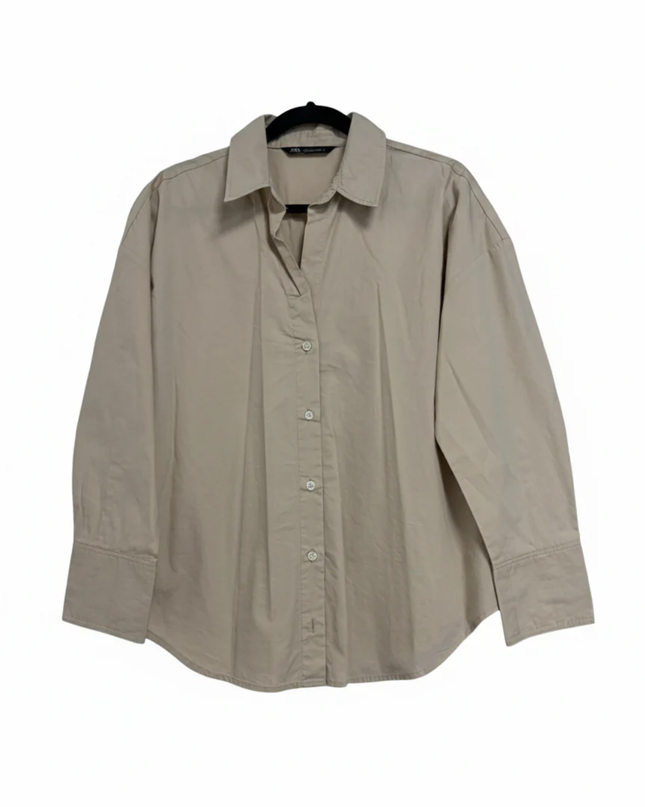Zara Beige Oversized Button-Down Cotton Shirt