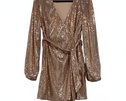 MISSGUIDED Rose Gold Sequin Wrap Long Sleeve Mini Dress