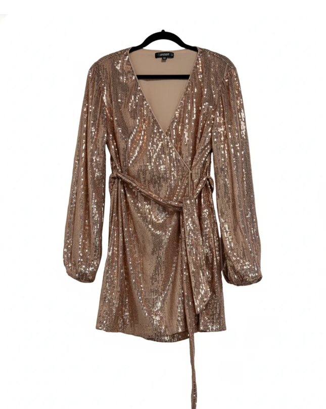 MISSGUIDED Rose Gold Sequin Wrap Long Sleeve Mini Dress