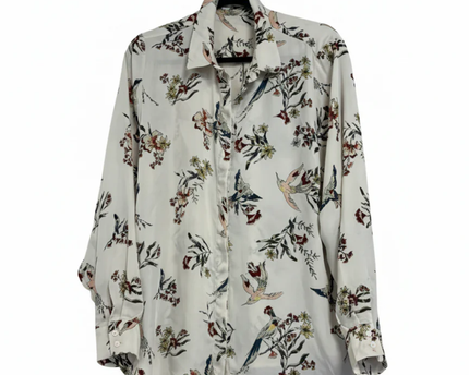 H&M Off-White Bird and Floral Print Long Sleeve Blouse