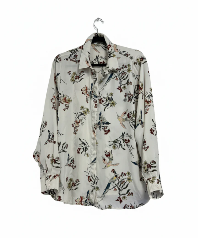 H&M Off-White Bird and Floral Print Long Sleeve Blouse