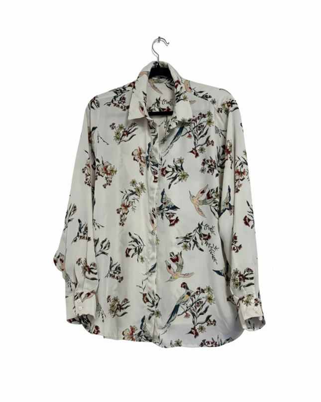 H&M Off-White Bird and Floral Print Long Sleeve Blouse
