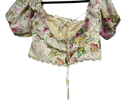 Multicolor Floral Broderie Anglaise Ruffle Crop Top