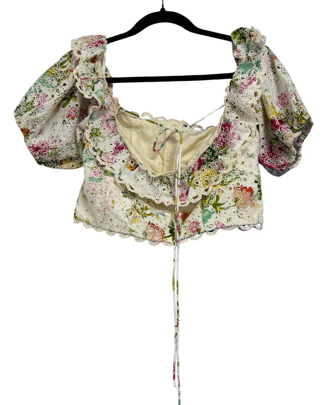 Multicolor Floral Broderie Anglaise Ruffle Crop Top