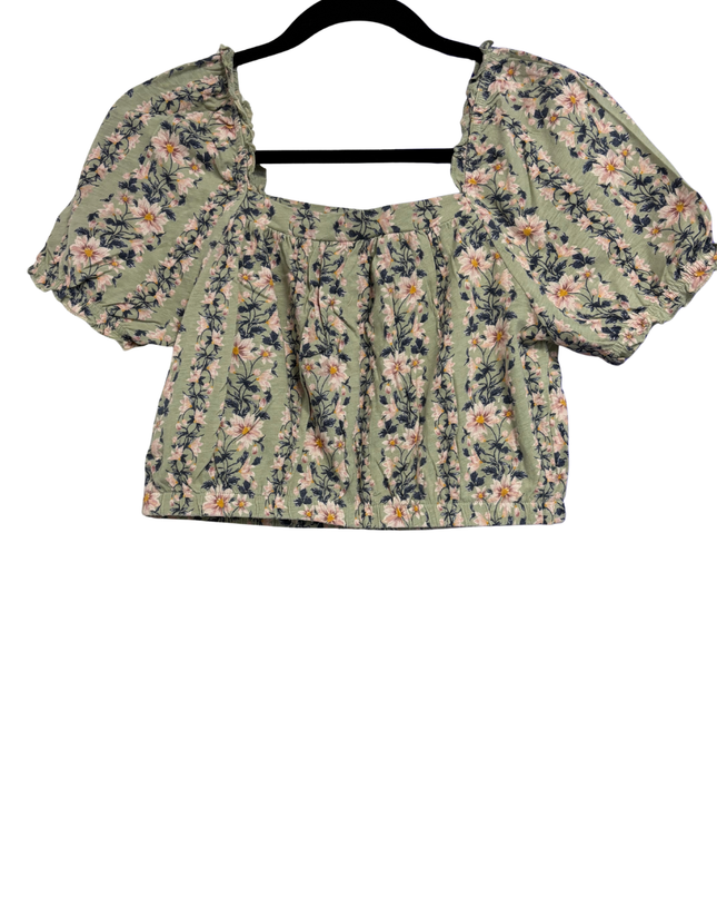 American Eagle Green Floral Square Neck Puff Sleeve Crop Top