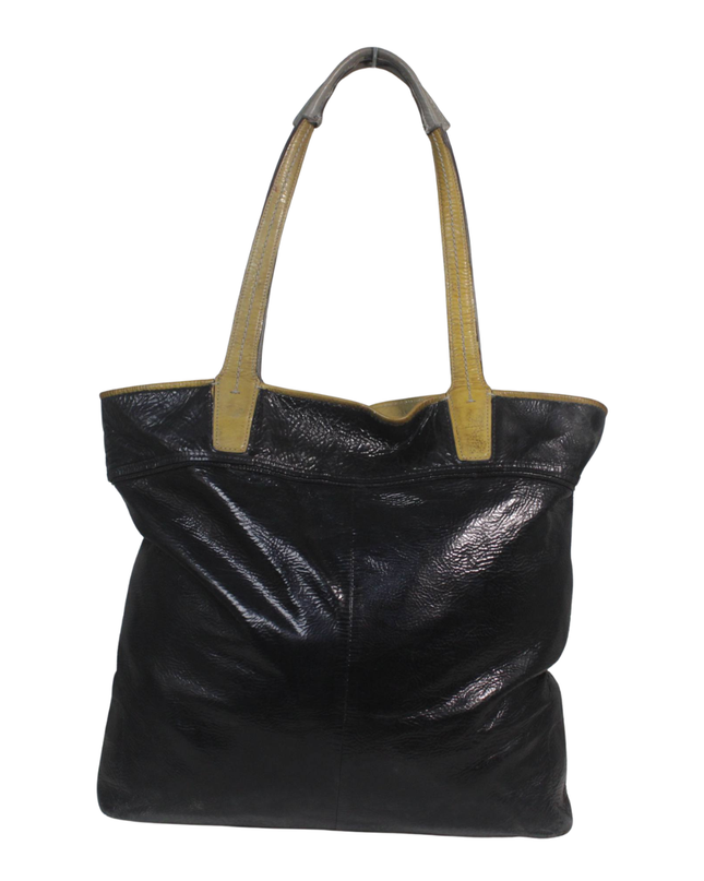 Coach Black Crinkled Patent Leather Tote Bag with Perforated Medallion