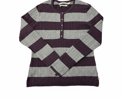 Tommy Hilfiger Purple & Gray Striped Cable Knit Henley Sweater