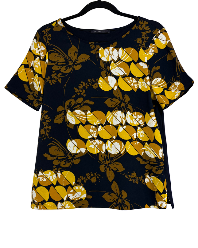 M&S COLLECTION Navy Blue and Yellow Abstract Print Top