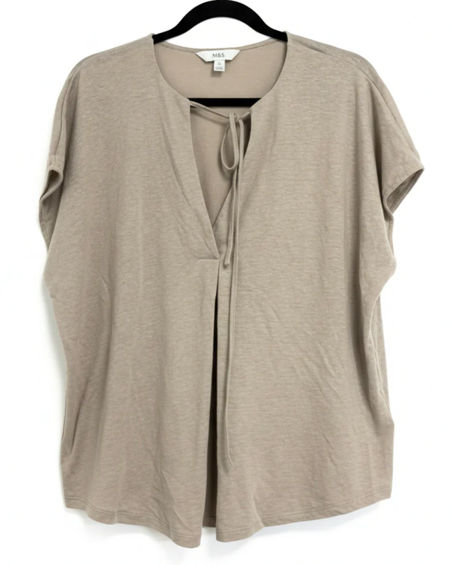 M&S Fawn Linen Blend Split Neck Tie Top