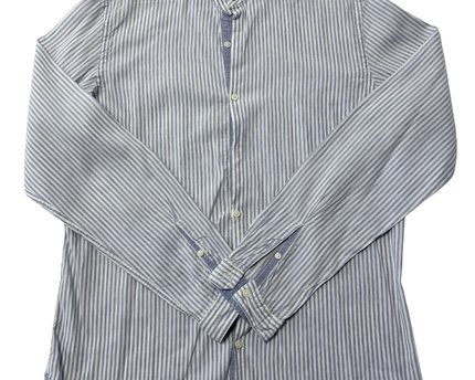 Massimo Dutti Blue and White Striped Mandarin Collar Shirt