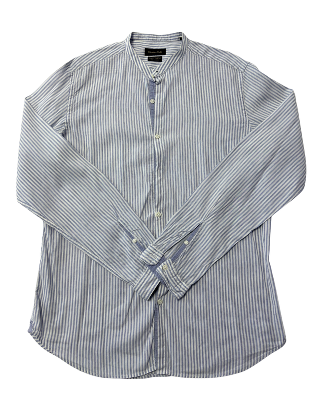 Massimo Dutti Blue and White Striped Mandarin Collar Shirt