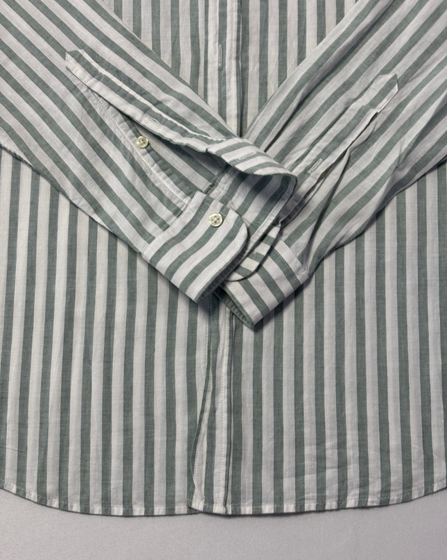 Reiss Green and White Striped Regular Fit Button-Down Shirt
