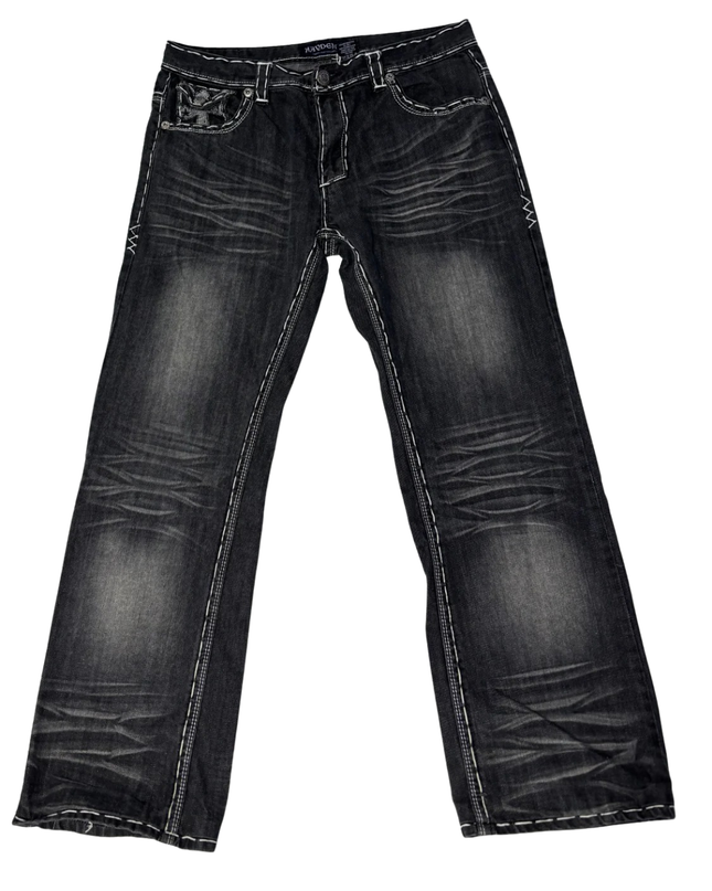 HAYDEN.K Black Distressed Contrast Stitch Wings Jeans