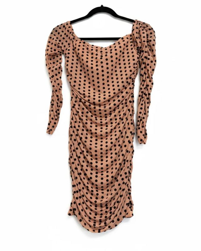 PrettyLittleThing Nude/Black Polka Dot Ruched Bodycon Mini Dress