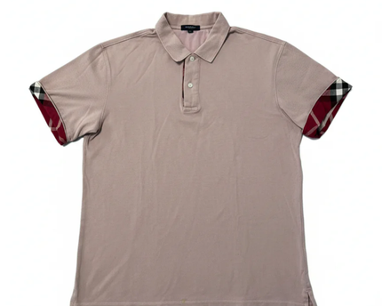 Burberry Men's Pink Short Sleeve Polo Shirt with Check Cuffs