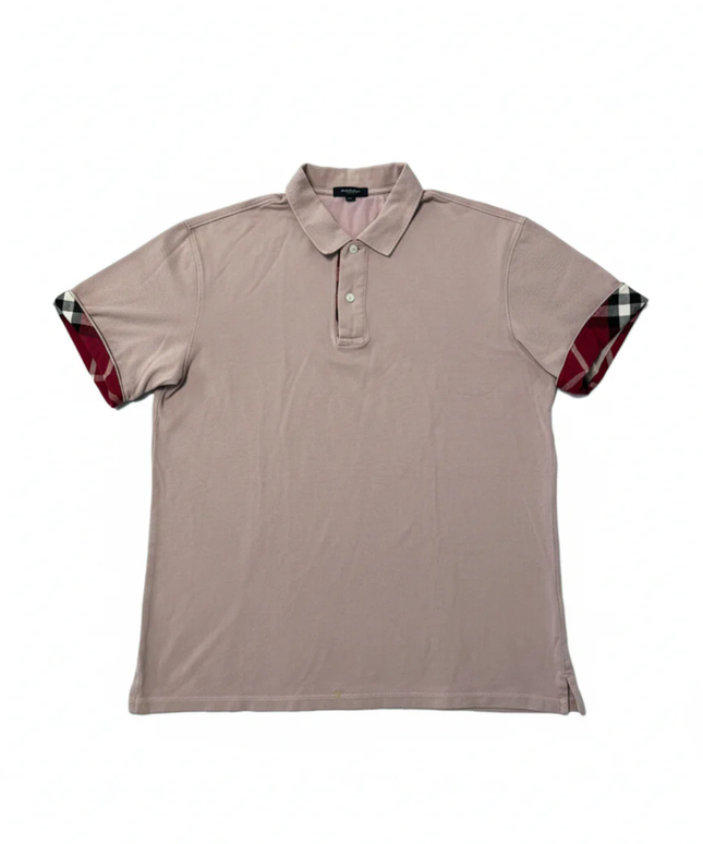 Burberry Men's Pink Short Sleeve Polo Shirt with Check Cuffs