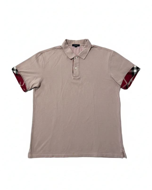 Burberry Men's Pink Short Sleeve Polo Shirt with Check Cuffs