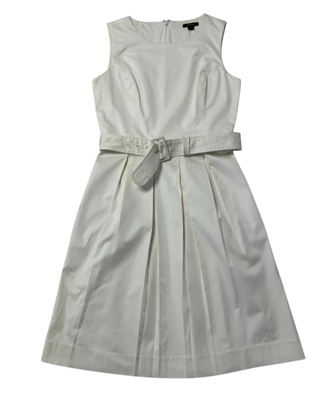 Nautica White Belted Pleated A-Line Dress