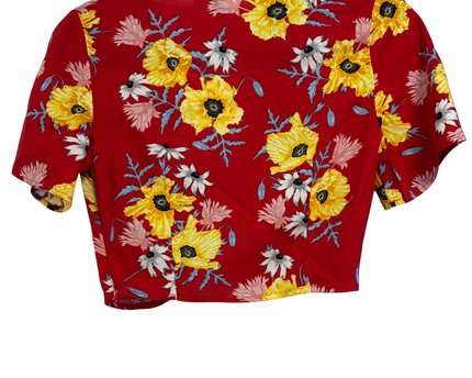 H&M Red Floral Button-Up Short Sleeve Crop Top