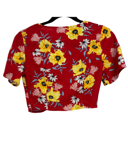 H&M Red Floral Button-Up Short Sleeve Crop Top