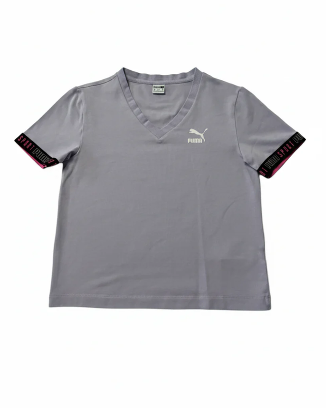 Puma Purple V-Neck Branded Sleeve Sport T-Shirt