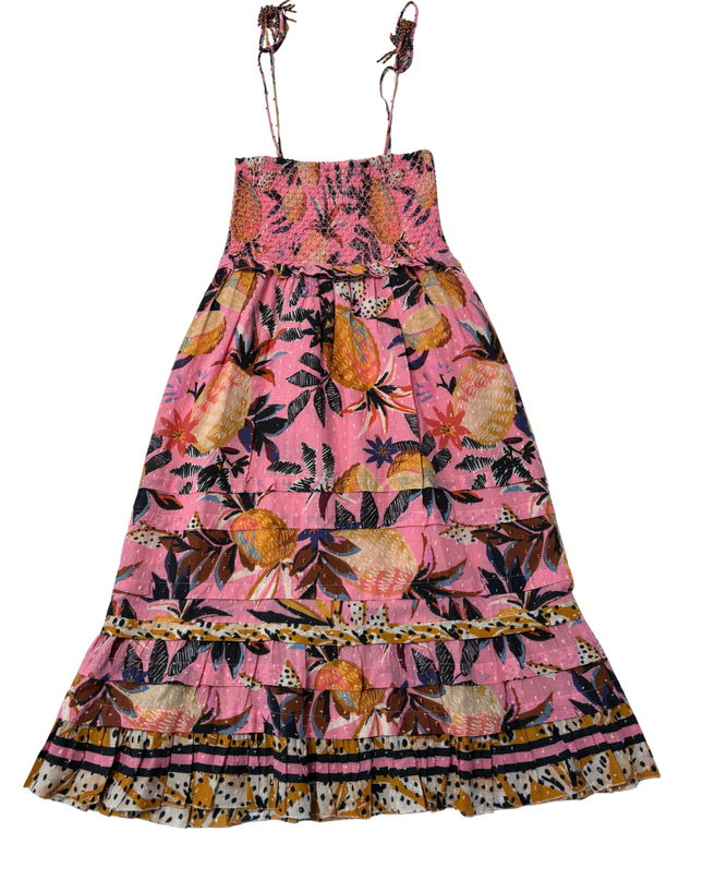 Farm Rio Pink Pineapple Print Smocked Midi Dress