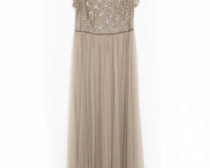 Adrianna Papell Beige Beaded Mesh Evening Gown W/Tags