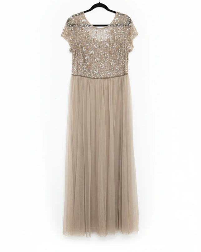 Adrianna Papell Beige Beaded Mesh Evening Gown W/Tags