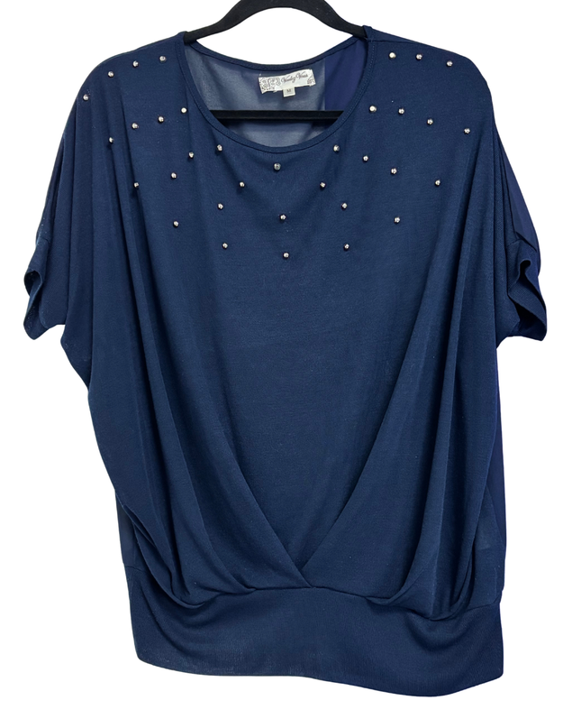 Voulez Vous Navy Blue Studded Dolman Sleeve Draped Top