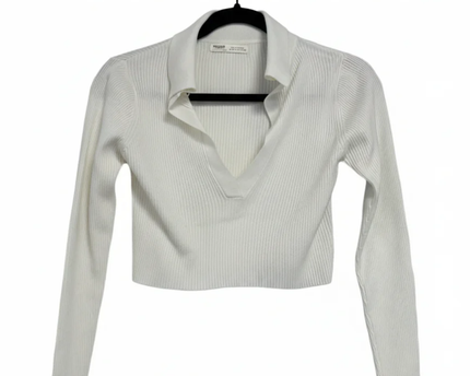 PULL&BEAR White Ribbed Knit Long Sleeve Crop Top