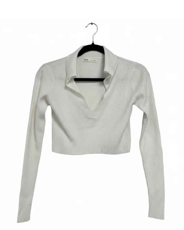 PULL&BEAR White Ribbed Knit Long Sleeve Crop Top