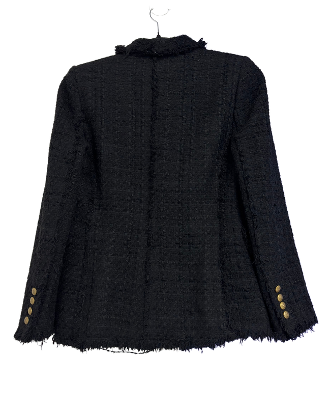 Zara Black Tweed Frayed Double Breasted Blazer