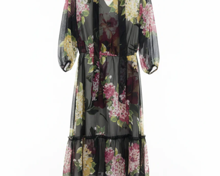 Lauren Ralph Lauren Black Multi Floral Sheer Tiered Midi Dress