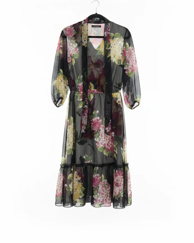 Lauren Ralph Lauren Black Multi Floral Sheer Tiered Midi Dress