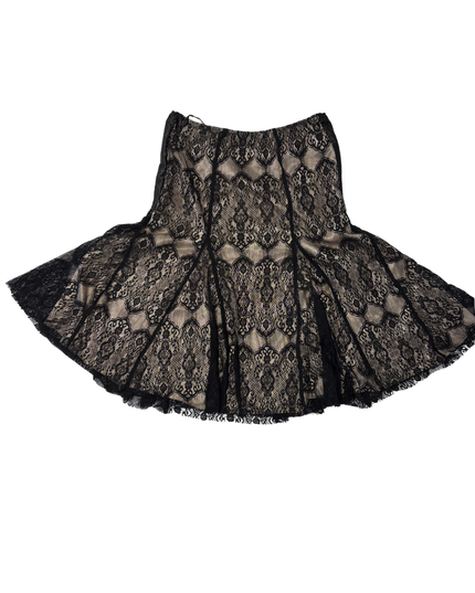 Vintage Black Lace Overlay Beige Flared Mini Skirt - L
