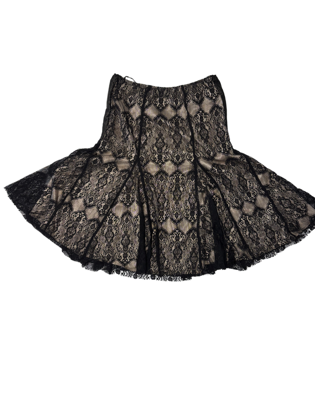 Vintage Black Lace Overlay Beige Flared Mini Skirt - L