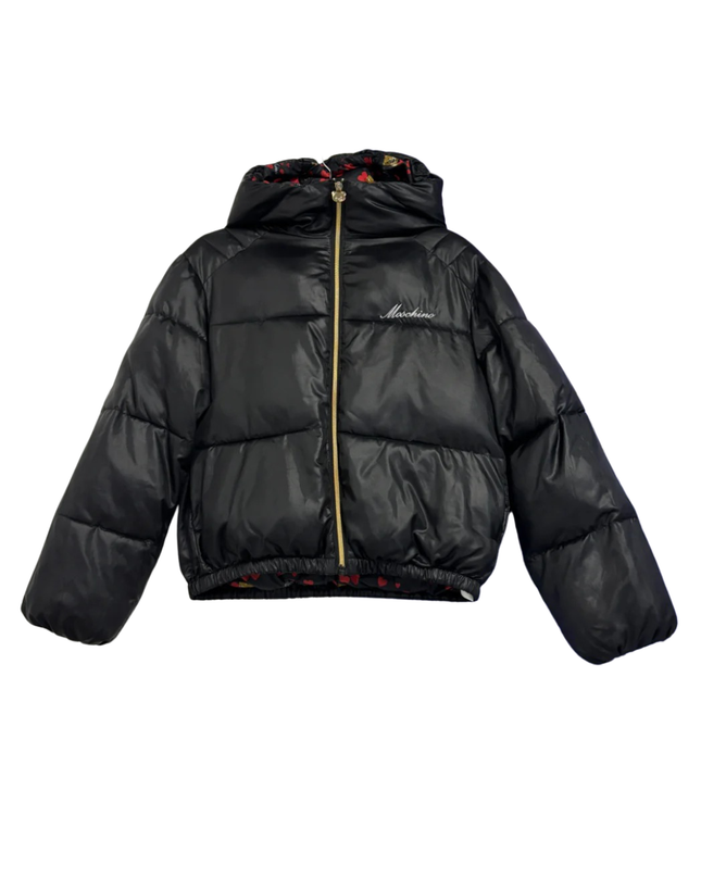Moschino Black Hooded Puffer Jacket with Teddy Bear Print Lining