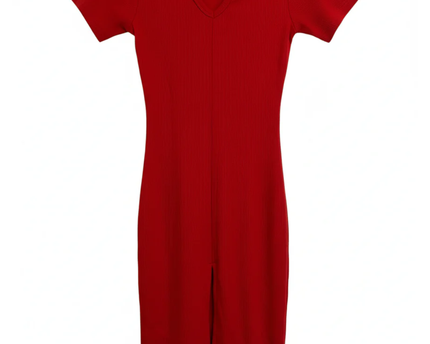Zara Red Ribbed Bodycon Midi Dress with Front Slit
