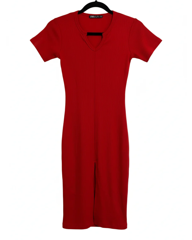 Zara Red Ribbed Bodycon Midi Dress with Front Slit