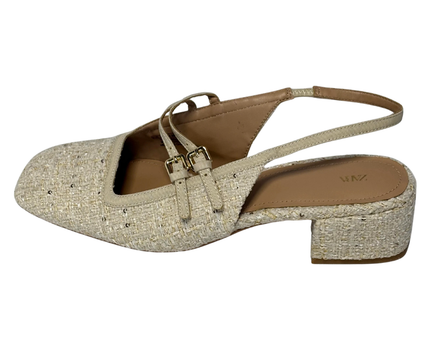 Zara Beige Tweed Slingback Block Heel Shoes